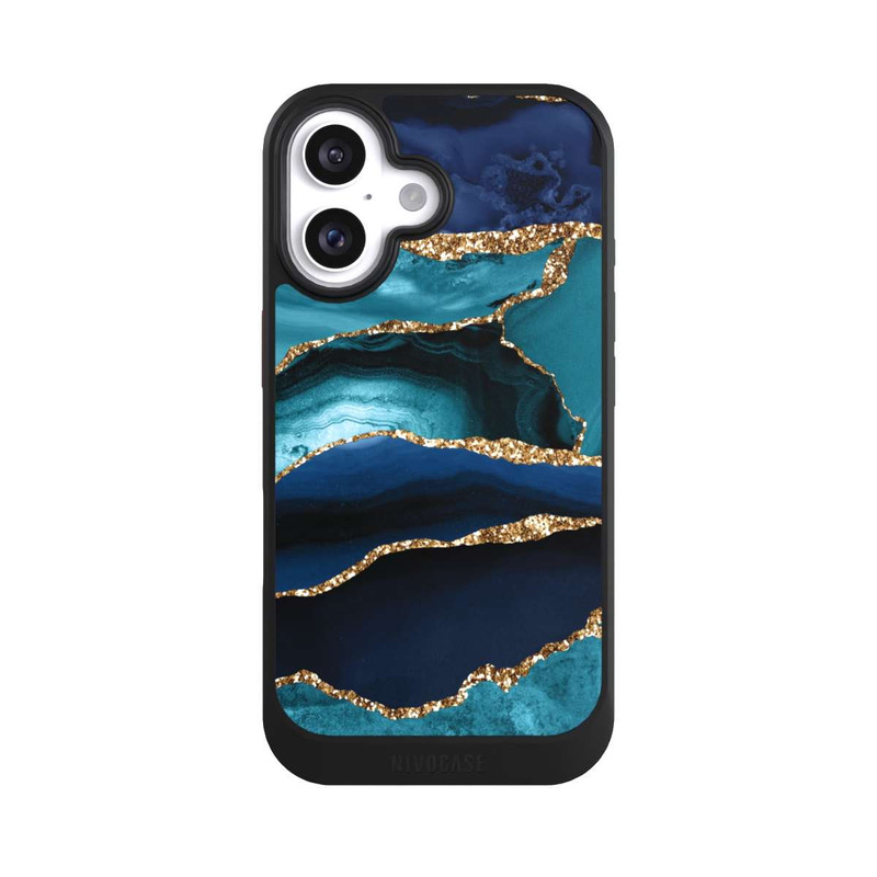 iPhone 16 NIVOcore Aspect pailleté doré marbré bleu foncé et bleu clair