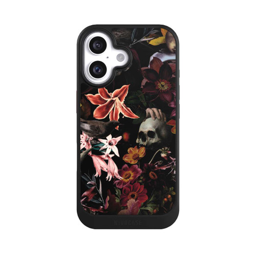 Apple iPhone 16 NIVOcore Totenköpfe und Blumen auf dunklem Hintergrund