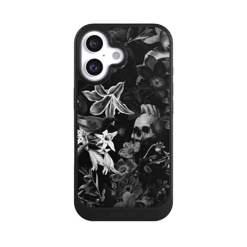Apple iPhone 16 NIVOcore Totenköpfe und Blumen auf schwarzem Hintergrund