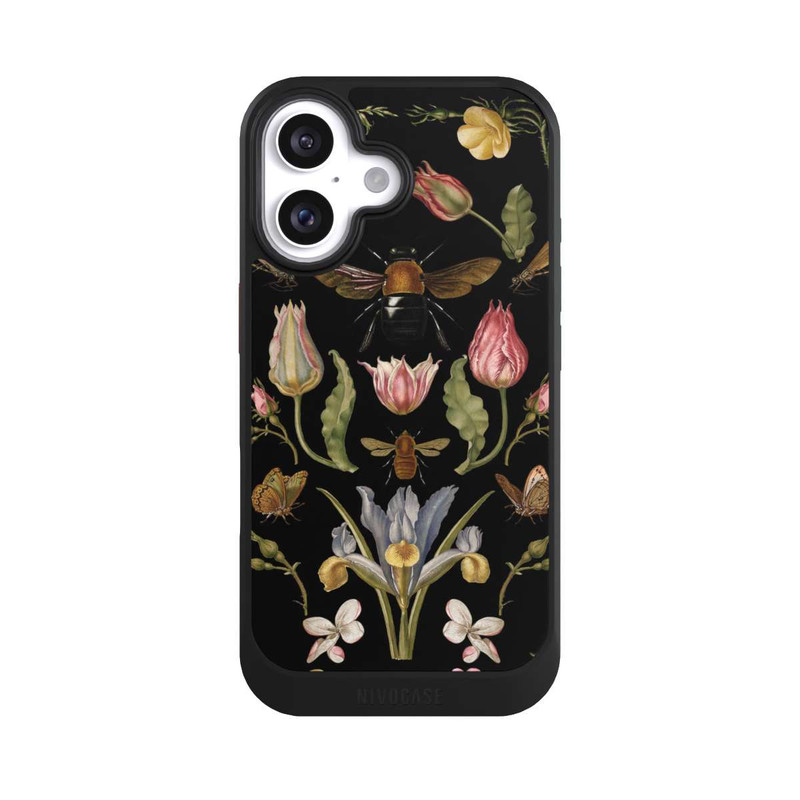 iPhone 16 NIVOcore Fleurs Sauvages et Abeilles Fond Noir