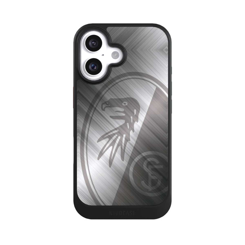 iPhone 16 NIVOcore SC Freiburg Glänzendes Metall Hintergrund