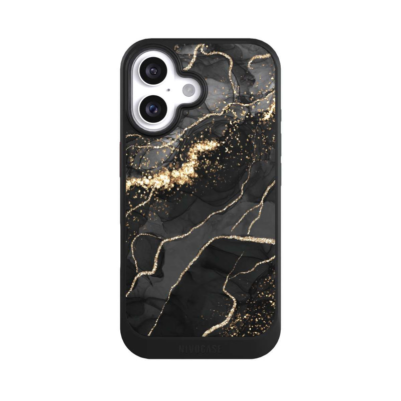 iPhone 16 NIVOcore Dunkler Marmor Wirbel Goldoptik