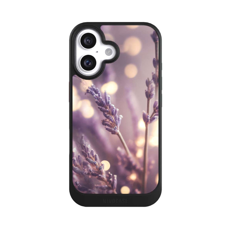 iPhone 16 NIVOcore Lavande en gros plan avec IA