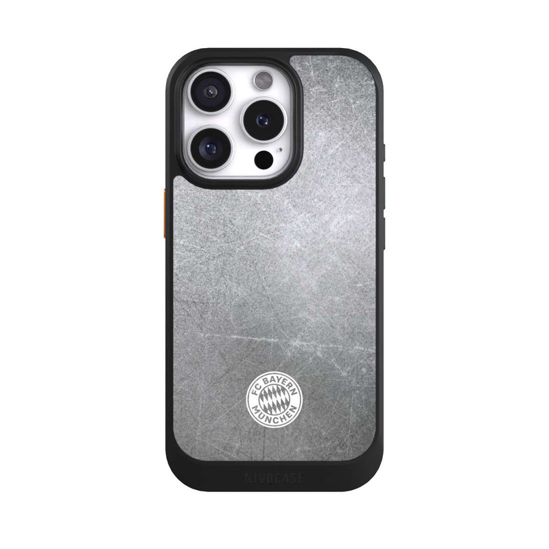 iPhone 16 Pro NIVOcore Klassisches FCB Logo Klein - Weiß auf Metalllook