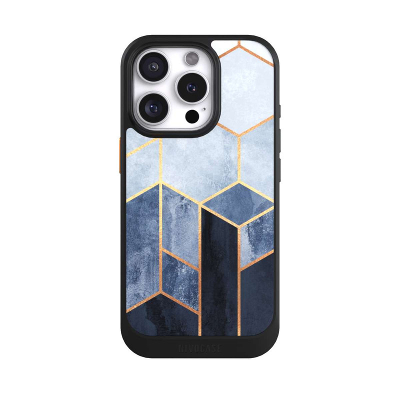 iPhone 16 Pro NIVOcore Impression d'or d'hexagones bleus doux