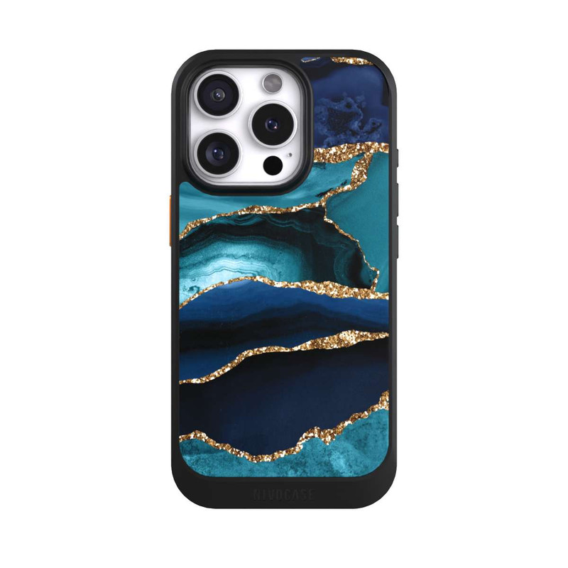 iPhone 16 Pro NIVOcore Dark and Light Blue Marble Gold Glitter Look