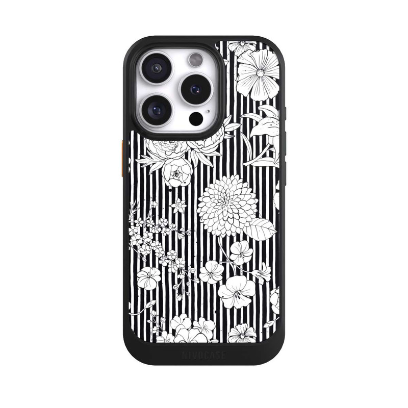 iPhone 16 Pro NIVOcore Fleurs et rayures noir et blanc