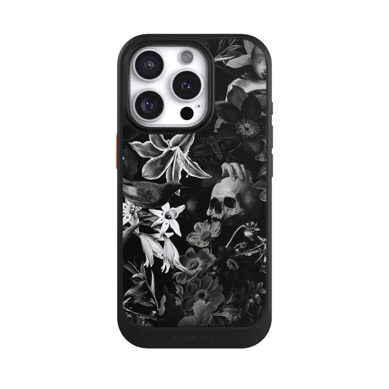 iPhone 16 Pro NIVOcore Totenköpfe und Blumen auf schwarzem Hintergrund