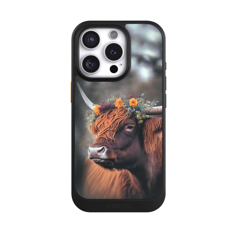 iPhone 16 Pro NIVOcore Vache des Highlands avec des fleurs avec IA