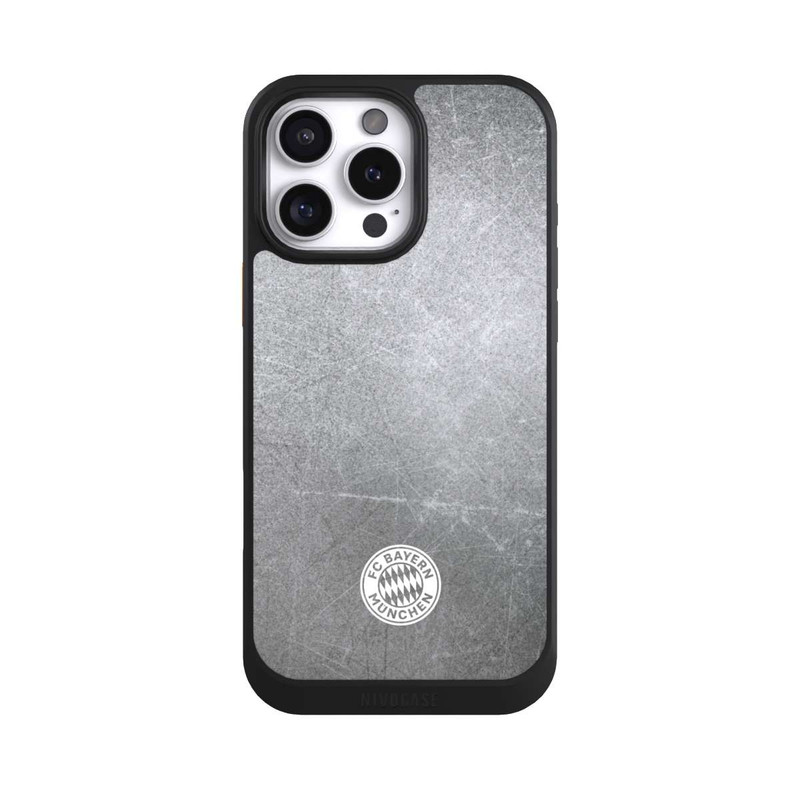 iPhone 16 Pro Max NIVOcore Klassisches FCB Logo Klein - Weiß auf Metalllook