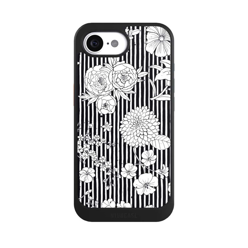 iPhone 16e NIVOcore Fleurs et rayures noir et blanc