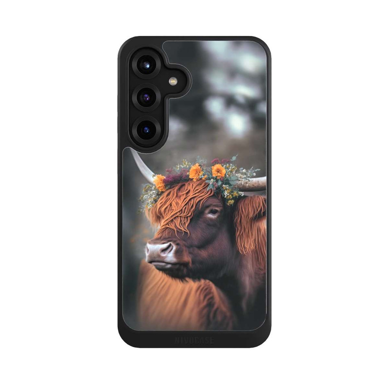 Galaxy S25 + NIVOcore Vache des Highlands avec des fleurs avec IA