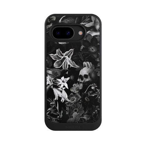 Google Pixel 9a NIVOcore Totenköpfe und Blumen auf schwarzem Hintergrund