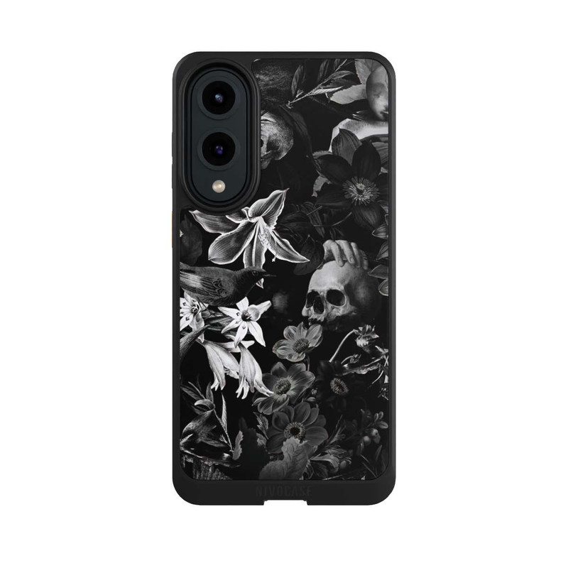 Galaxy S25 Edge NIVOcore Totenköpfe und Blumen auf schwarzem Hintergrund