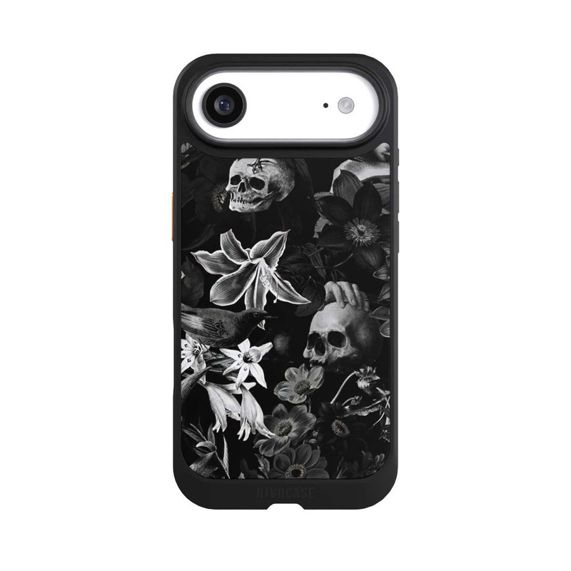 iPhone Air NIVOcore Totenköpfe und Blumen auf schwarzem Hintergrund