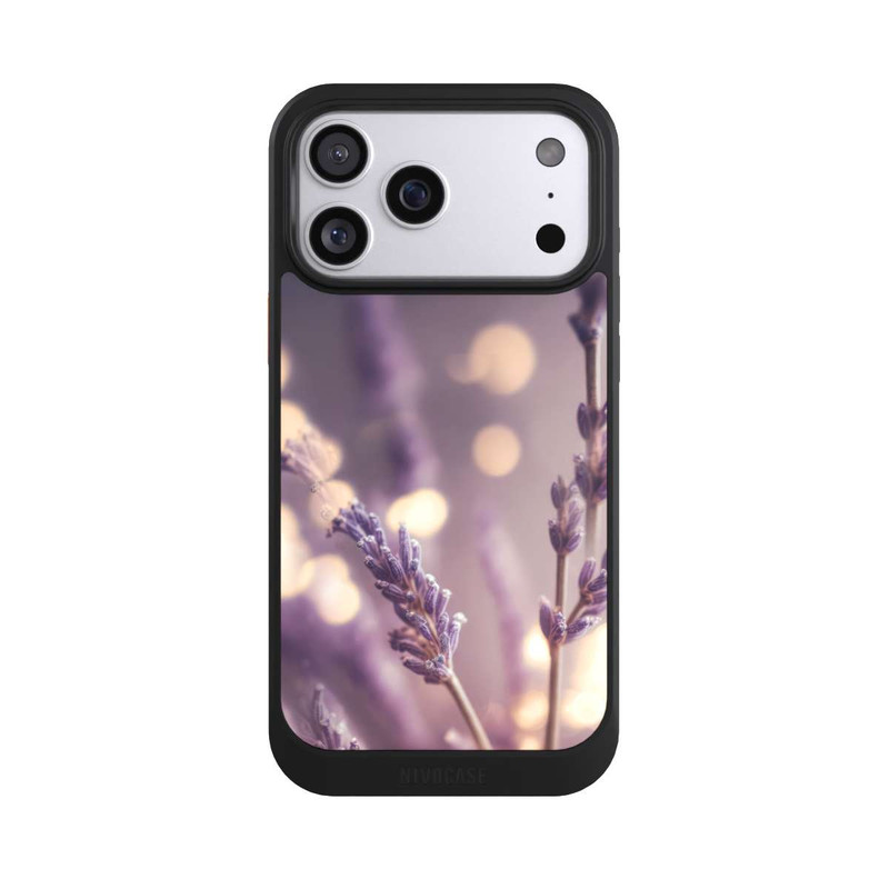 iPhone 17 Pro Max NIVOcore Lavande en gros plan avec IA