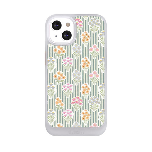 Apple iPhone 13 NIVOcore Ditsy Flower Sticker Bouquets on Blue and Cream Pinstripes