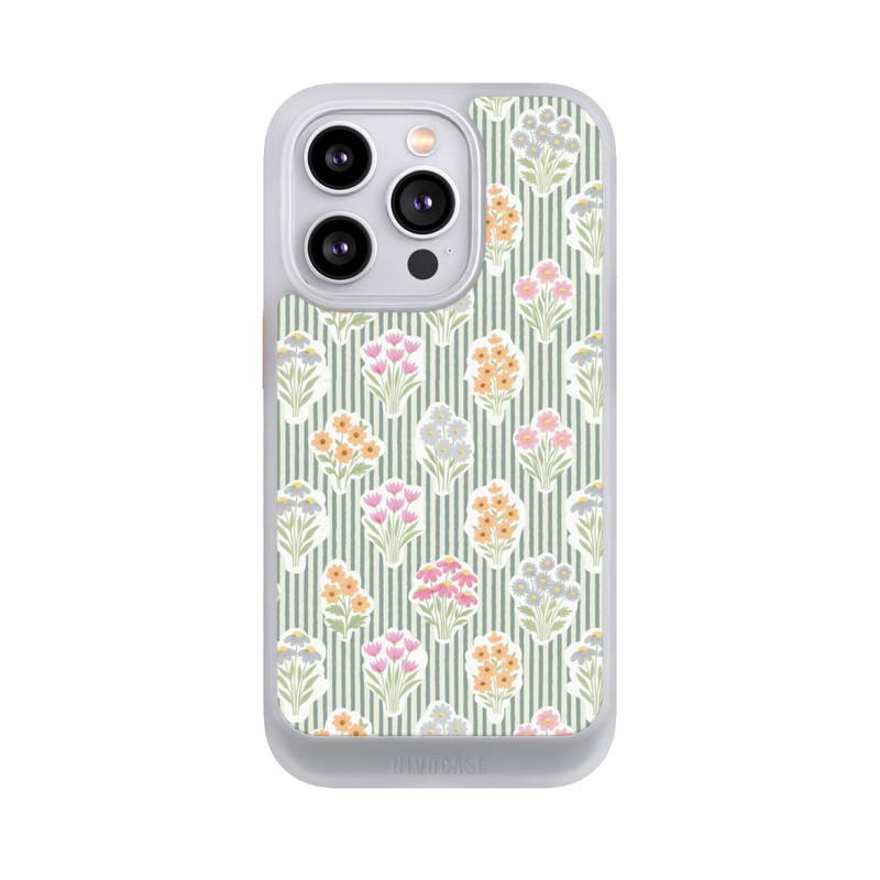 iPhone 14 Pro NIVOcore Ditsy Flower Sticker Bouquets on Blue and Cream Pinstripes