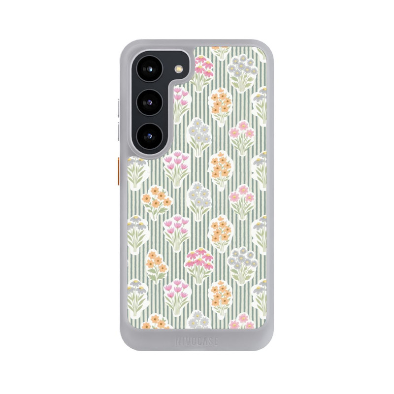 Galaxy S23 NIVOcore Ditsy Flower Sticker Bouquets on Blue and Cream Pinstripes