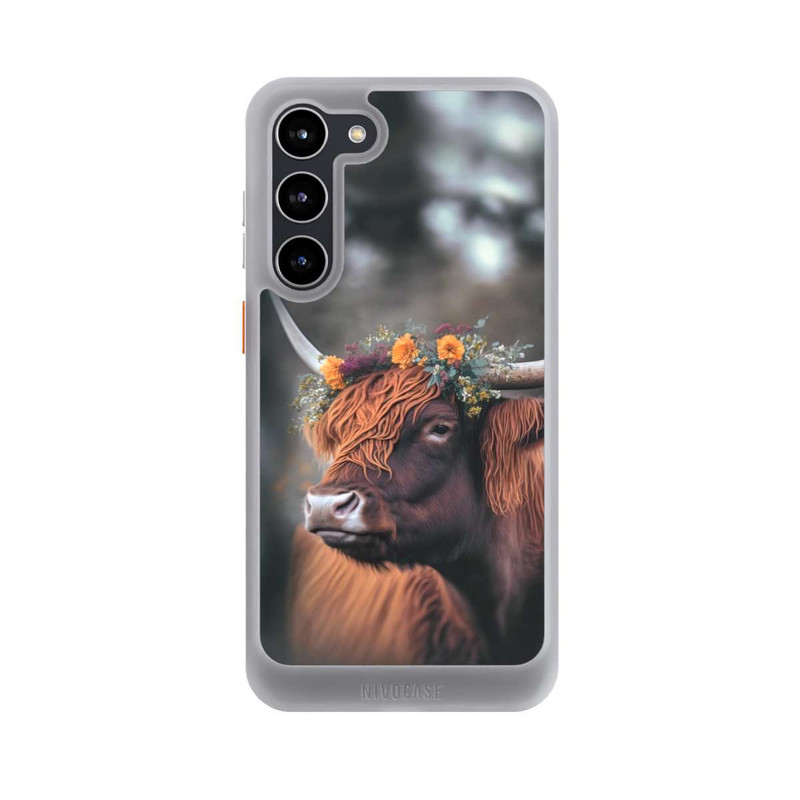 Galaxy S23 + NIVOcore Vache des Highlands avec des fleurs avec IA