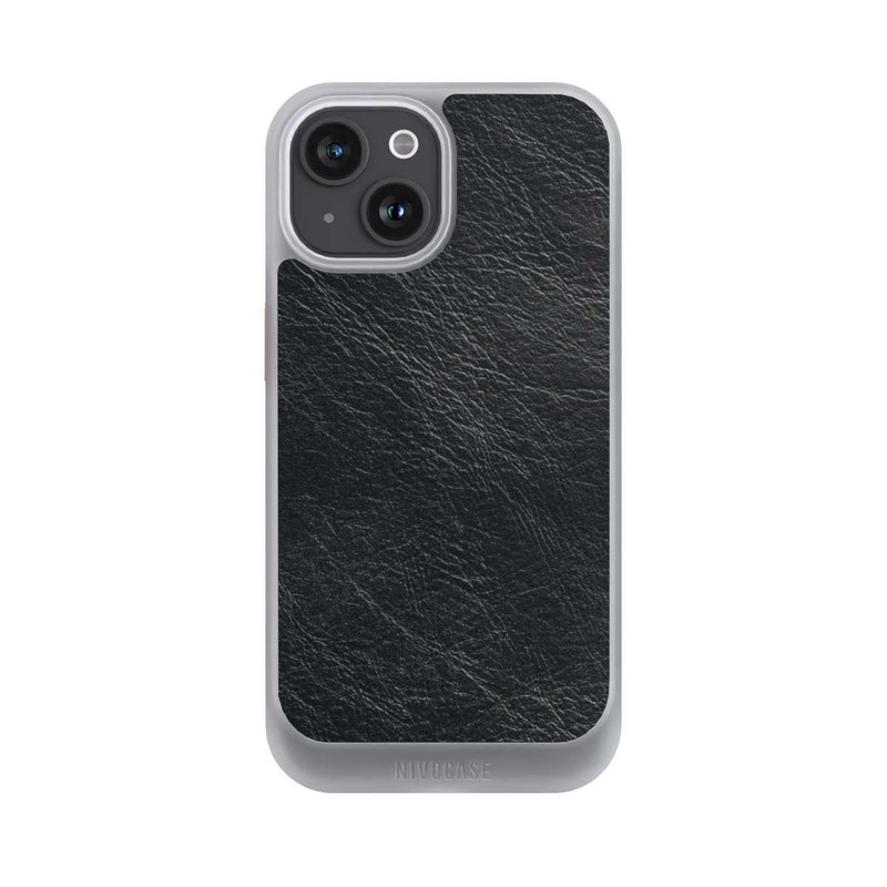 iPhone 15 NIVOcore Schwarzer Lederlook Hintergrund