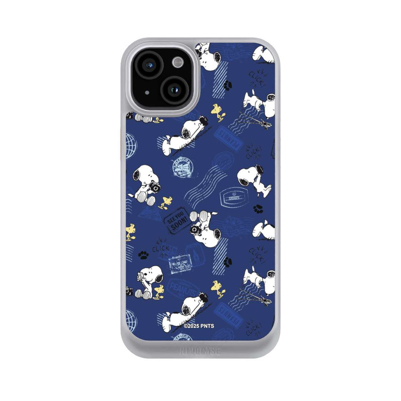iPhone 15 Plus NIVOcore Peanuts Travel Stamps Pattern Blue