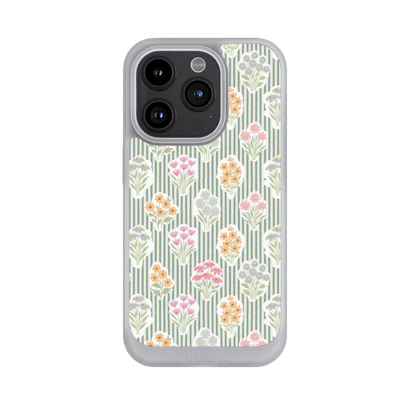 iPhone 15 Pro NIVOcore Ditsy Flower Sticker Bouquets on Blue and Cream Pinstripes