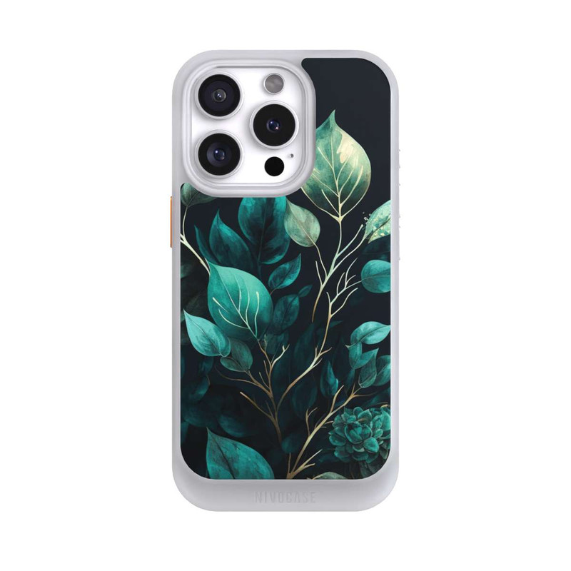 iPhone 16 Pro NIVOcore Grüne Eukalyptus Blätter mit dunklem Hintergrund mit KI