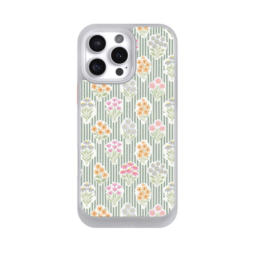 Apple iPhone 16 Pro Max NIVOcore Ditsy Flower Sticker Bouquets on Blue and Cream Pinstripes