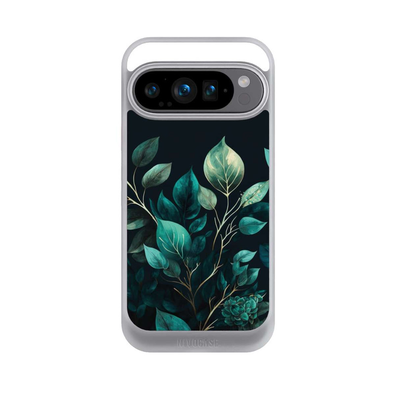 Pixel 9 Pro NIVOcore Grüne Eukalyptus Blätter mit dunklem Hintergrund mit KI