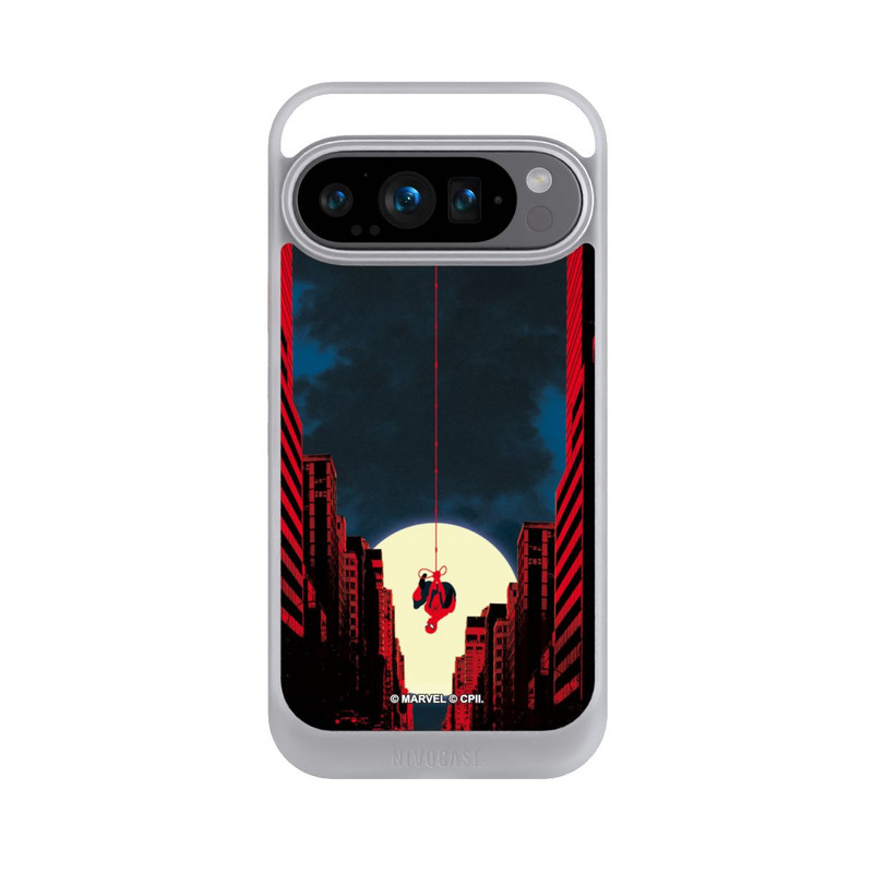 Pixel 9 Pro NIVOcore Spider-Man Marvel between Skyscrapers