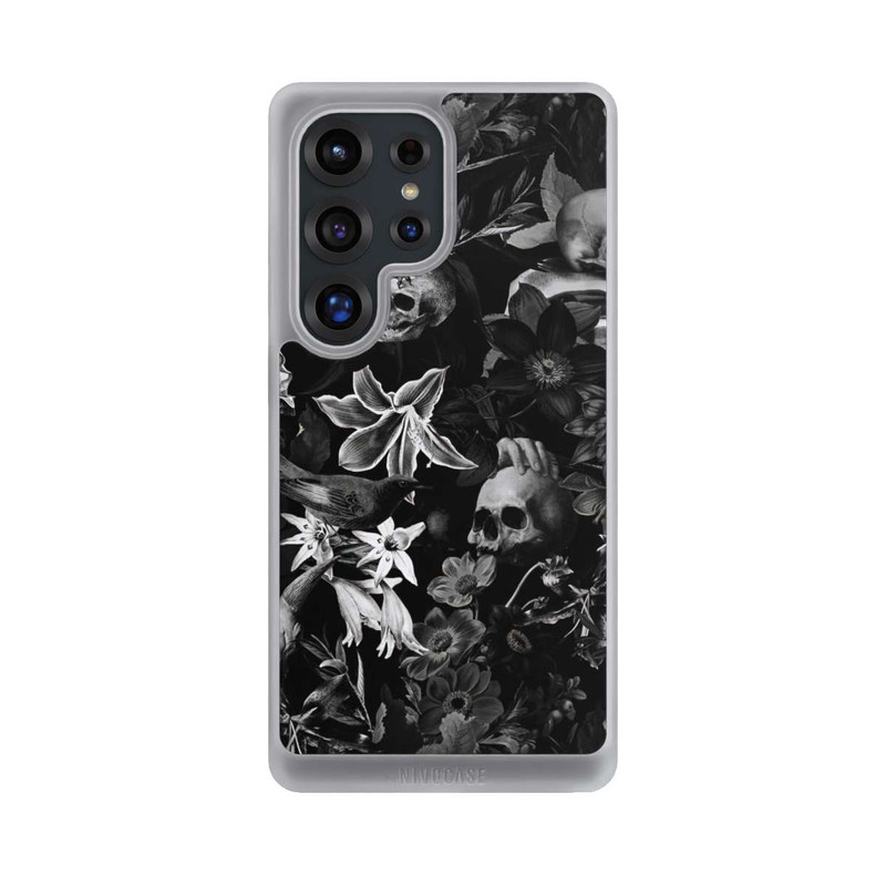 Galaxy S25 Ultra NIVOcore Totenköpfe und Blumen auf schwarzem Hintergrund