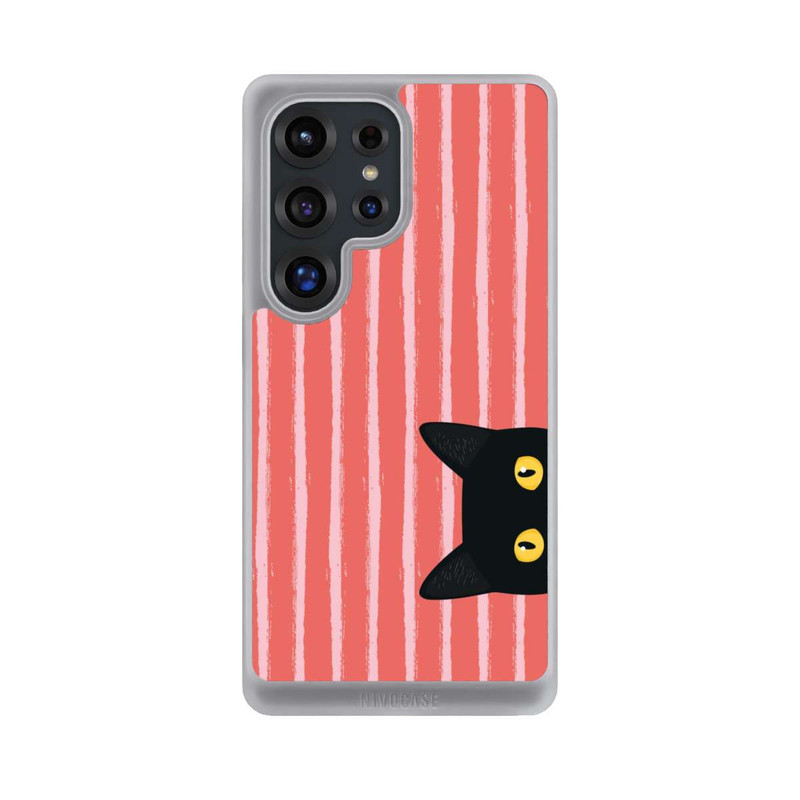 Galaxy S25 Ultra NIVOcore Chat noir sur fond rayé orange