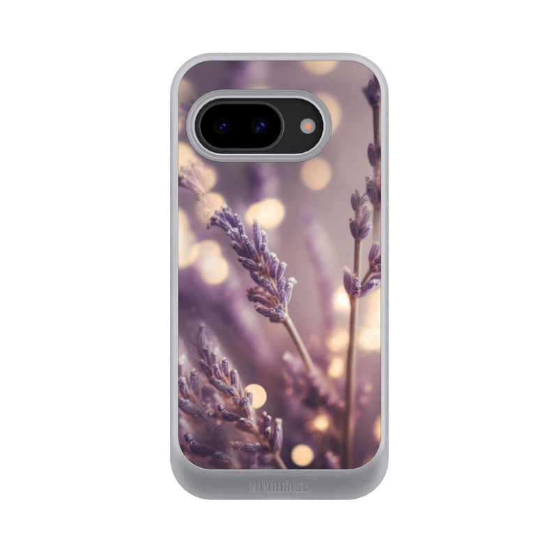 Pixel 9a NIVOcore Lavande en gros plan avec IA