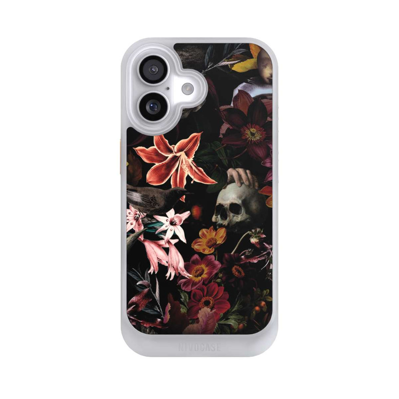 iPhone 17 NIVOcore Totenköpfe und Blumen auf dunklem Hintergrund