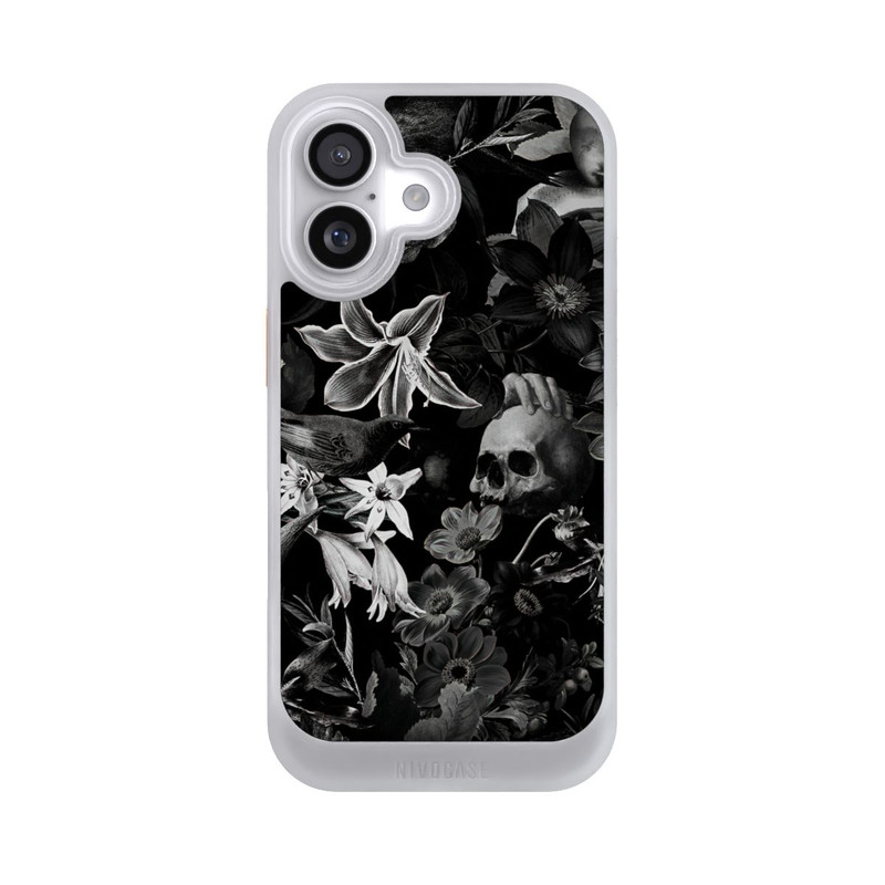 iPhone 17 NIVOcore Totenköpfe und Blumen auf schwarzem Hintergrund