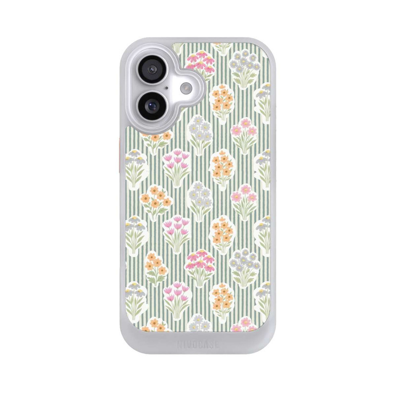 iPhone 17 NIVOcore Ditsy Flower Sticker Bouquets on Blue and Cream Pinstripes