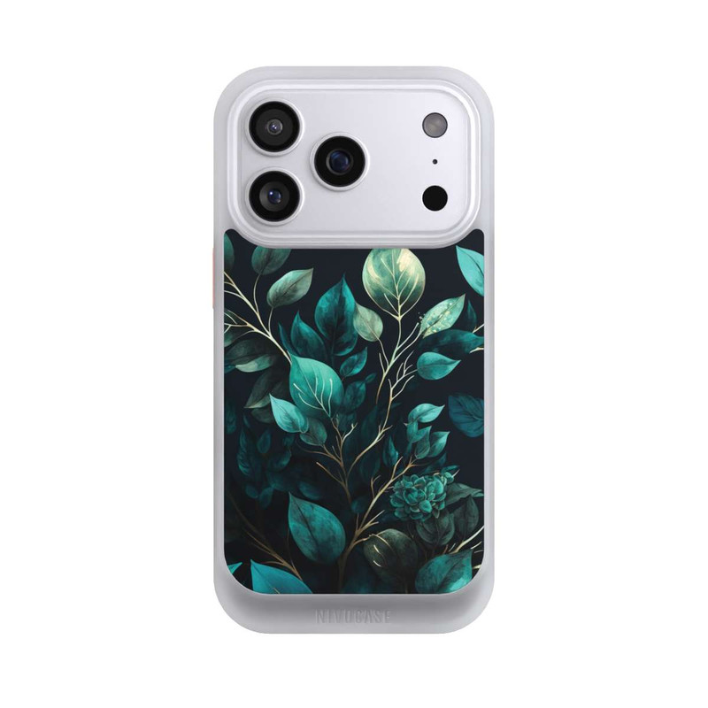 iPhone 17 Pro NIVOcore Grüne Eukalyptus Blätter mit dunklem Hintergrund mit KI