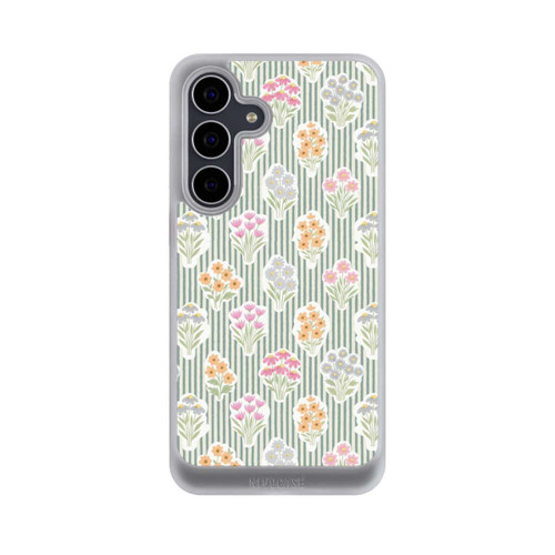 Samsung Galaxy S25 FE NIVOcore Ditsy Flower Sticker Bouquets on Blue and Cream Pinstripes