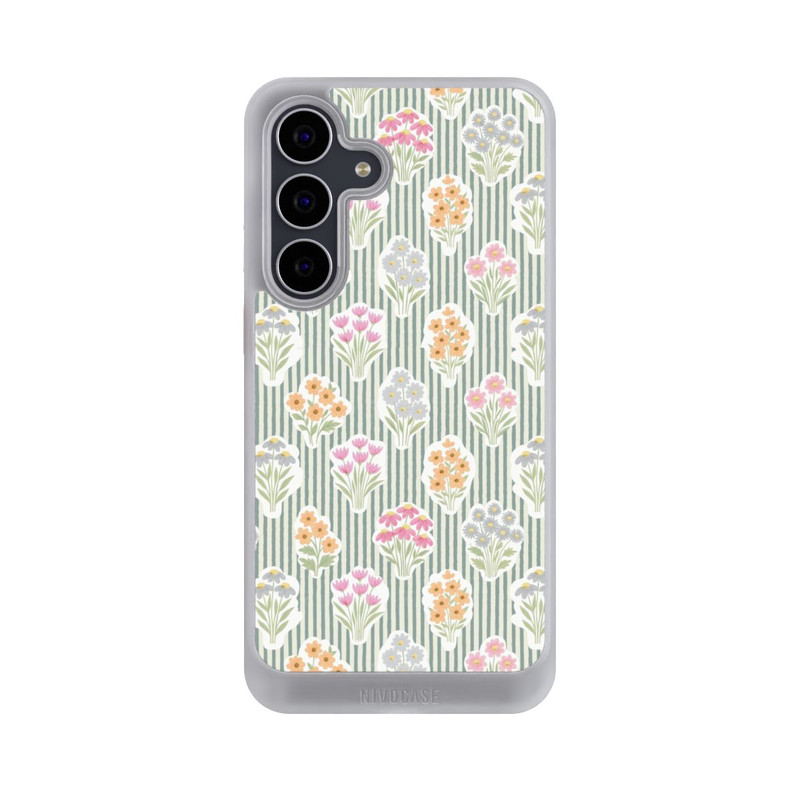 Galaxy S25 FE NIVOcore Ditsy Flower Sticker Bouquets on Blue and Cream Pinstripes