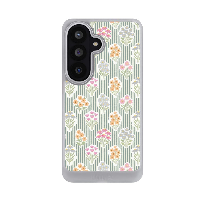 Galaxy S26 NIVOcore Ditsy Flower Sticker Bouquets on Blue and Cream Pinstripes