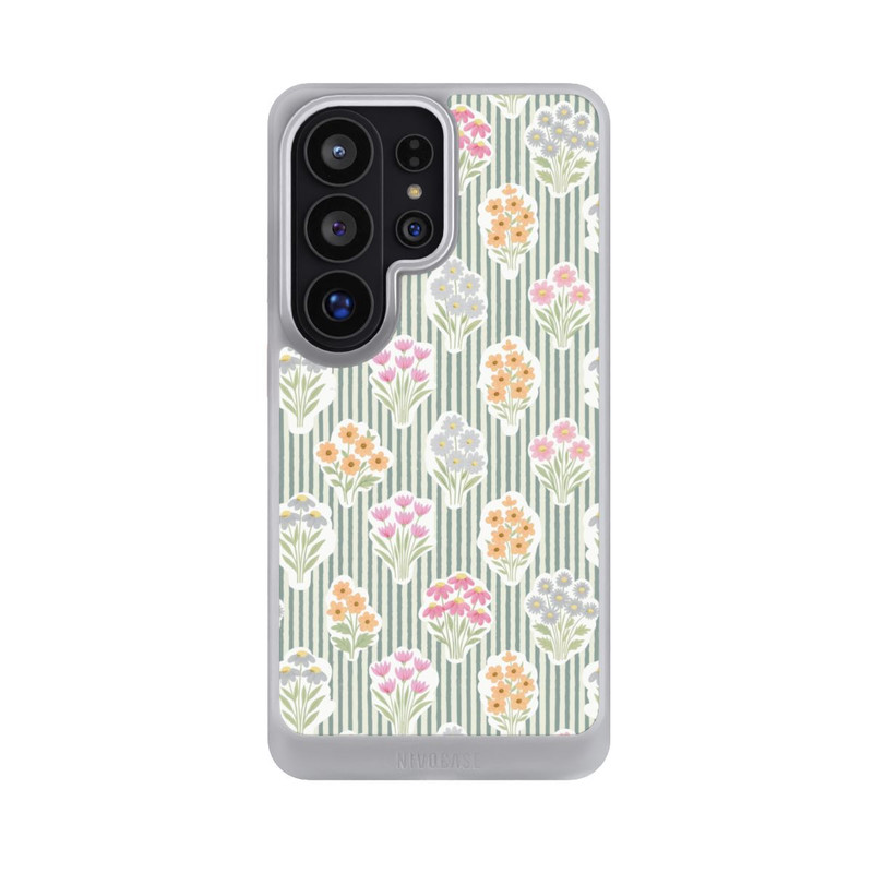 Galaxy S26 Ultra NIVOcore Ditsy Flower Sticker Bouquets on Blue and Cream Pinstripes