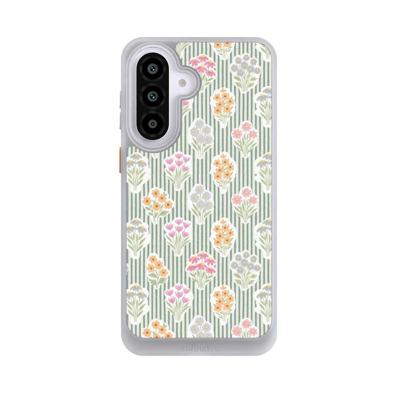Galaxy A57 5G NIVOcore Ditsy Flower Sticker Bouquets on Blue and Cream Pinstripes