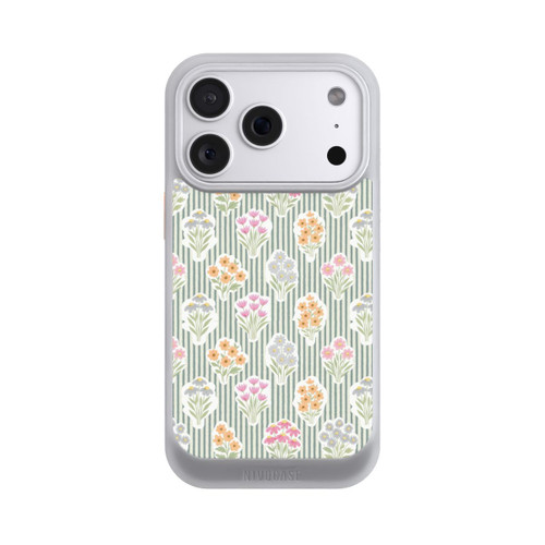 Apple iPhone 18 Pro NIVOcore Ditsy Flower Sticker Bouquets on Blue and Cream Pinstripes