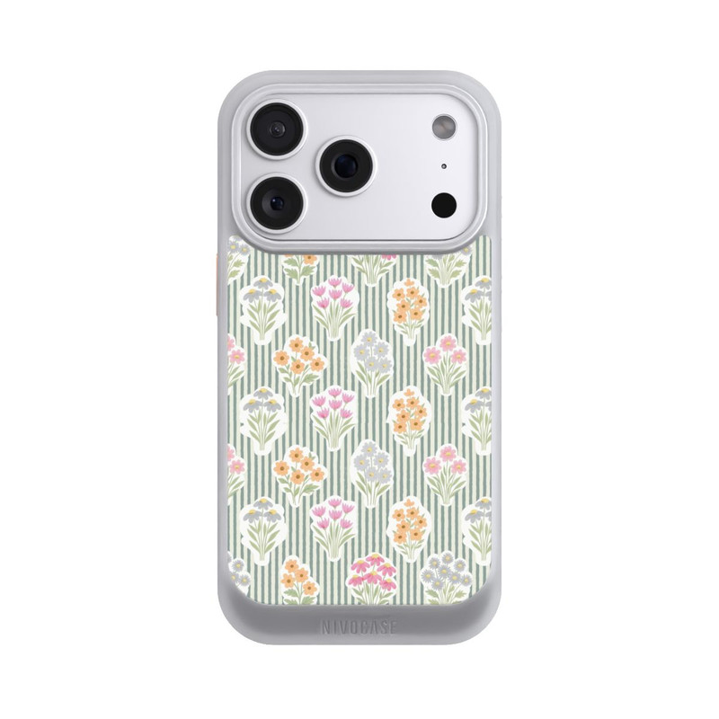 iPhone 18 Pro NIVOcore Ditsy Flower Sticker Bouquets on Blue and Cream Pinstripes
