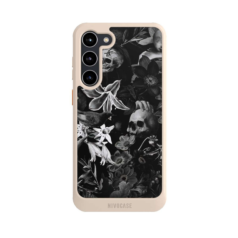 Galaxy S23 + NIVOcore Totenköpfe und Blumen auf schwarzem Hintergrund