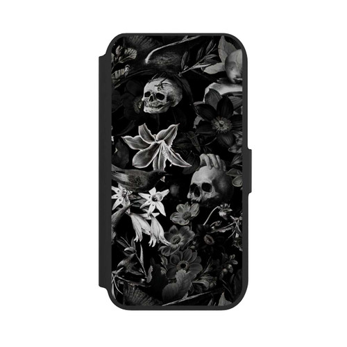 Apple iPhone 7 NIVOflip Totenköpfe und Blumen auf schwarzem Hintergrund