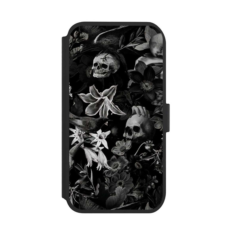 iPhone 11 NIVOflip Totenköpfe und Blumen auf schwarzem Hintergrund