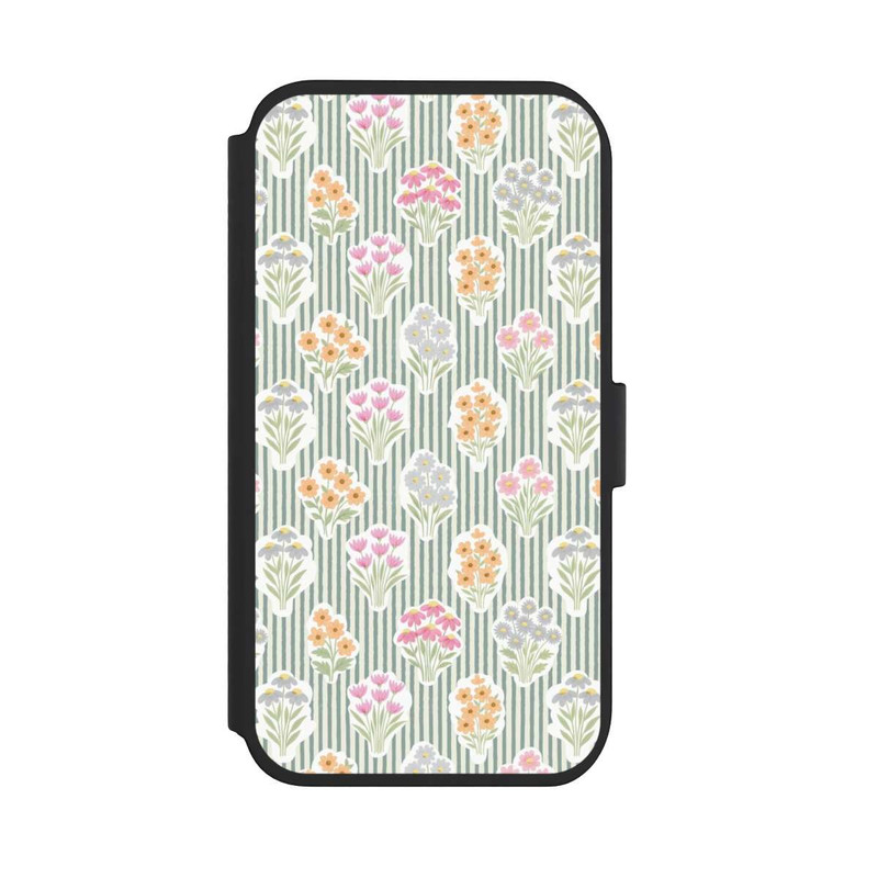 iPhone 11 NIVOflip Ditsy Flower Sticker Bouquets on Blue and Cream Pinstripes