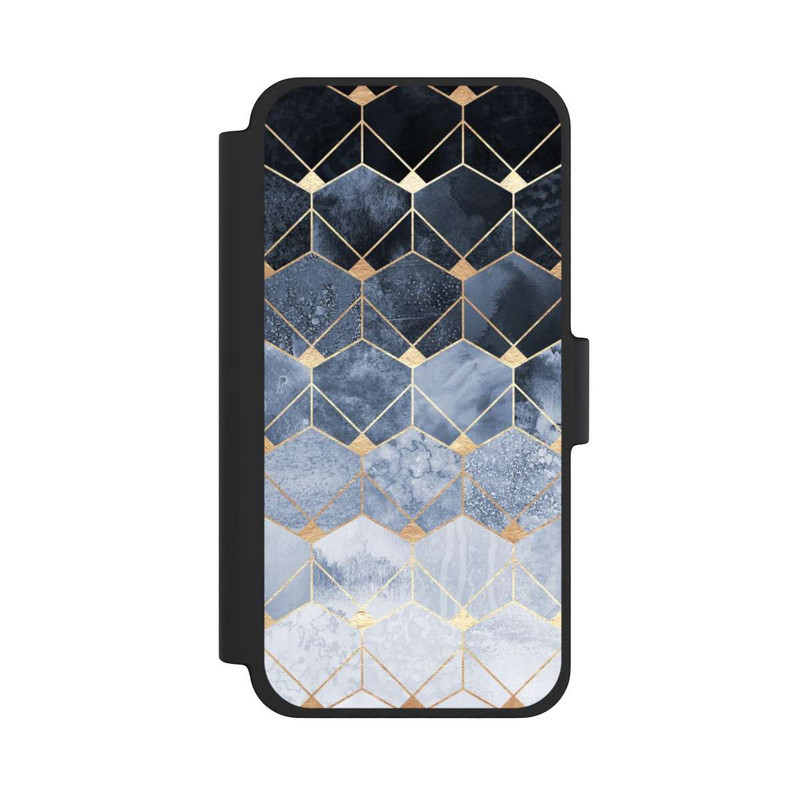 iPhone 12 mini NIVOflip Blaue Sechsecke und Diamanten Golddruck